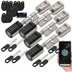 VisorTech 4er-Set elektronische Tür-Schließzylinder, Display, Code, Transponder VisorTech Tür-Schließzylinder mit Apps, Transponder-Schlüsseln & Zahlen-Codes