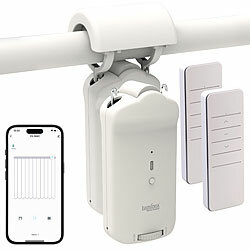 Luminea Home Control 2er-Set Smarter 3in1-Vorhangmotor, Akku, Bluetooth, Fernbedienung, App Luminea Home Control Smarter 3in1-Universal-Vorhangmotoren mit App, Timer und Fernbedienung
