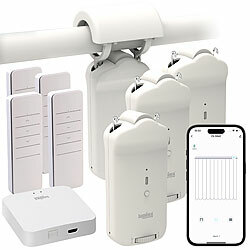 Luminea Home Control 4er-Set Smarter 3in1-Vorhangmotor, Akku, Fernbed., App + WLAN-Gateway Luminea Home Control Smarter 3in1-Universal-Vorhangmotoren mit App, Timer und Fernbedienung 