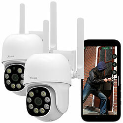 7links 2er-Set WLAN-Pan-Tilt-Outdoorkameras, 2K, Tonerkennung, Farbnachtsicht 7links WLAN-Pan-Tilt-Outdoorkameras mit Objekt-Tracking, Geräuscherkennung und Sirene 
