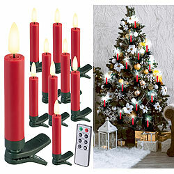 Lunartec 10er-Set LED-Weihnachtsbaumkerzen mit Dochten und Flammen-Effekt, rot Lunartec Kabellose LED-Weihnachtsbaumkerzen mit Docht und Timer 