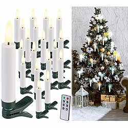 Lunartec 20er-Set LED-Weihnachtsbaumkerzen mit Dochten und Flammen-Effekt, weiß Lunartec Kabellose LED-Weihnachtsbaumkerzen mit Docht und Timer