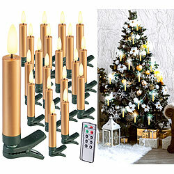 Lunartec 20er-Set LED-Weihnachtsbaumkerzen mit Dochten und Flammen-Effekt, gold Lunartec Kabellose LED-Weihnachtsbaumkerzen mit Docht und Timer
