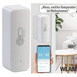 Luminea Home Control WLAN-Temperatur- & Luftfeuchtigkeits-Sensor mit App & Sprachsteuerung Luminea Home Control WLAN-Temperatur- & Luftfeuchtigkeits-Sensoren mit App und Sprachsteuerung