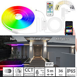Lunartec WLAN-Neon-Schlauch mit RGBW-IC-LEDs, App, Sprachsteuerung, IP65, 5 m Lunartec WLAN-LED-Streifen-Sets in RGBW