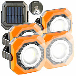 PEARL 4er-Set Solar-Camping- & Arbeits-Lampe, 6W, 300lm, 1.200mAh, Magnet PEARL Solar-COB-LED-Arbeitsleuchten im Baustrahler-Design
