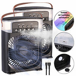 Sichler Haushaltsgeräte 2er USB-Tischventilator mit Ultraschall-Vernebler,Timer&Nachtlicht Sichler Haushaltsgeräte Mini-USB-Tischventilatoren mit Ultraschall-Vernebler