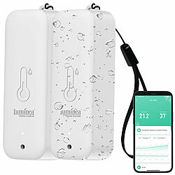 Luminea Home Control 2er-Set WLAN-Außen- und Innen-Temperatur- und Luftfeuchtigkeitssensor Luminea Home Control WLAN Außen- & Innen-Temperatur- & Luftfeuchtigkeitssensor, Hygrometer, IP65 