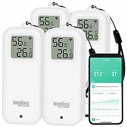 Luminea Home Control 4er-Set WLAN-Temperatur- und Luftfeuchtigkeitssensor mit Display, App Luminea Home Control WLAN-Temperatur- & Luftfeuchtigkeitssensor mit Display und App für innen und außen