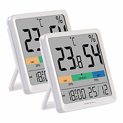 PEARL 2er-Set Thermo- und Hygrometer, Komfort-Anzeige, Uhrzeit und Wecker PEARL Digitale Thermometer/Hygrometer mit Uhrzeit-Anzeige und Wecker