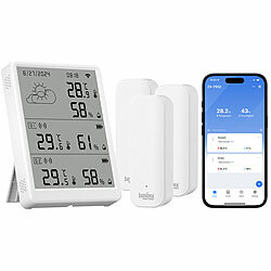 Luminea Home Control WLAN-Temperatur- & Luftfeuchtigkeits-Set mit Display, 3 Sensoren Luminea Home Control WLAN-Temperatur- und Luftfeuchtigkeits-Sets mit Display, Sensoren & App