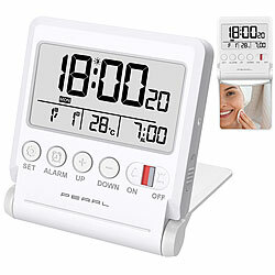 PEARL Kompakter Reise-Funkwecker mit Thermometer und Datum, klappbar PEARL Klappbare Reise-Funkwecker mit Thermometer und Datumsanzeige 
