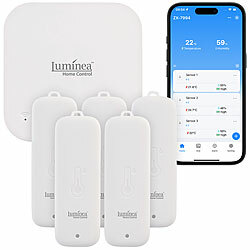 Luminea Home Control 5er-Set Temperatur- & Feuchtigkeitssensoren, WLAN-Gateway, App, IP65 Luminea Home Control Funk-Temperatur- & Luftfeuchtigkeitssensoren für innen und außen mit WLAN-Gateway und App 