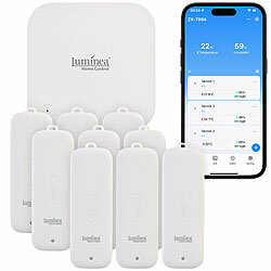 Luminea Home Control 9er-Set Temperatur- & Feuchtigkeitssensoren, WLAN-Gateway, App, IP65 Luminea Home Control Funk-Temperatur- & Luftfeuchtigkeitssensoren für innen und außen mit WLAN-Gateway und App 