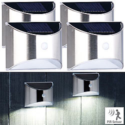 Lunartec 4er-Set Solar-LED-Wandleuchte mit PIR-Sensor, Edelstahl, 20 lm, IP44 Lunartec LED-Solar-Außenlampen mit PIR-Sensoren (neutralweiß)