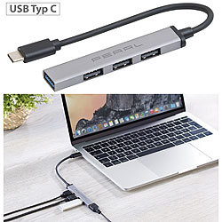 PEARL USB-C-Hub mit 4 Ports, 1x USB 3.0, 3x USB 2.0, bis 5 Gbit/s, Aluminium PEARL Passive 4-Port-USB-Hubs mit 1x USB 3.0 und 3x USB 2.0