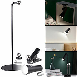 Lunartec 5in1-Akku-Tisch-, Wand-, Klemm-, Stand- und Taschenlampe, schwarz Lunartec 4in1-Akku-LED-Leuchten