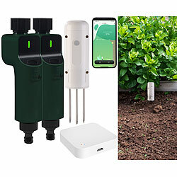 Luminea Home Control BodenFeuchtigkeits&Temperatursensor,ZigbeeGateway,2x Bewässerungscomp. Luminea Home Control