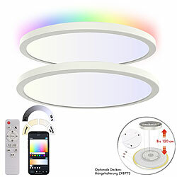 Luminea Home Control 2er-Set Super Slim WLAN-CCT-LED-Deckenlampen, Memory-Funktion, App Luminea Home Control Super-Slim-LED-Deckenlampen, RGB-Backlight, WLAN und Fernbedienung