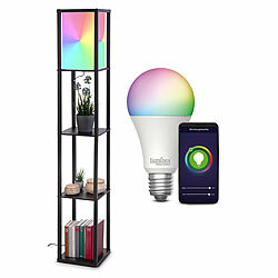Lunartec Stehlampe aus Holz, Regal, schwarz inkl. E27-WLAN-LED Lampe, RGB-CCT Lunartec Stehlampen aus Holz mit integrierten Regalen, E27-Sockel 
