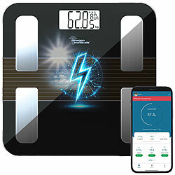 newgen medicals Smarte Solar-Akku-Körperfettwaage aus Glas, mit App, LCD, bis 180 kg newgen medicals Solar-Akku-Personen- und Körperfettwaagen mit App