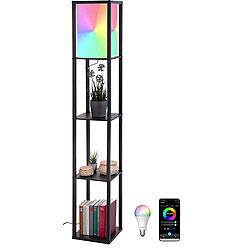 Lunartec Stehlampe aus Holz mit Regal, schwarz inkl. Smarte WLAN-LED (RGB&CCT) Lunartec Holzregal-Stehlampen mit Matter-konpatiblen LED-Lampen