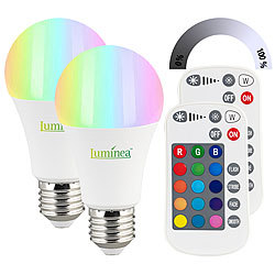 Luminea 2er-Set LED-Lampen E27, RGBW, 8 W (ersetzt 75 W), 806 Lumen, dimmbar Luminea