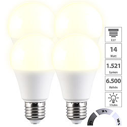 Luminea 4er-Set LED-Lampen mit 3 Helligkeits-Stufen, 14 W, 1.521 lm, 3000 K, F Luminea LED-Lampen E27 mit 3 Helligkeitsstufen warmweiß