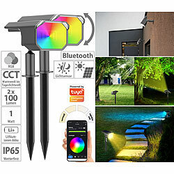 Luminea Home Control 2er-Set smarte Solar-Spots, RGB-CCT-LED, 100 lm, 2.200 mAh, 1 W, IP65 Luminea Home Control RGB-CCT-LED-Spots mit Solar-Panel und App