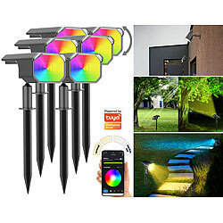 Luminea Home Control 6er-Set smarte Solar-Spots, RGB-CCT-LED, 100 lm, 2.200 mAh, 1 W, IP65 Luminea Home Control RGB-CCT-LED-Spots mit Solar-Panel und App