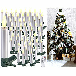 Lunartec 60er-Set LED-Weihnachtsbaumkerzen mit täuschend echter Flamme, silber Lunartec Kabellose, dimmbare LED-Weihnachtsbaumkerzen mit Fernbedienung und Timer