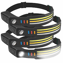 KryoLights 4er-Set Akku-Stirnlampen & Flutlichter, 3 SMD-COB-LED-Bänder, 3.000 lm KryoLights Akku-Stirnlampen mit LED-Band, Spotlight und farbigem Licht 