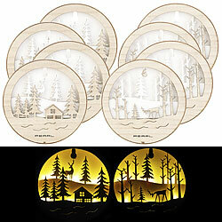 Lunartec 8er-Set leuchtende Echtholzbilder, warmweiße LEDs, Batteriebetrieb Lunartec Weihnachtliche LED-Holzbilder