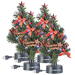 PEARL 4er-Set USB-Weihnachtsbäume mit LED-Farbwechsel-Glasfaserlichtern PEARL Mini-Weihnachtsbäume mit USB-Stromversorgungen