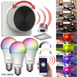 Luminea Home Control 3er-Set WLAN-LED-Lampen mit Lichtschalter, E27, RGB-CCT, 11 W Luminea Home Control WLAN-LED-Lampen E27 RGBW 