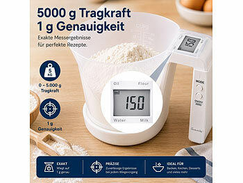 Rosenstein & Söhne Messbecher mit Waage: Digitale Messbecher-Küchenwaage, 5.000 g, auf 1 g genau, Tara-Funktion (Waage für Flüssigkeiten)