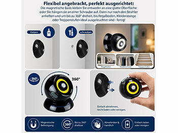 Luminea Wohnraumbeleuchtung LED: 4er-Set Akku-COB-LED-Strahler, Bewegungssensor, 360°, 100 lm, schwarz (Akku LED-Lampe mit Bewegungsmelder)