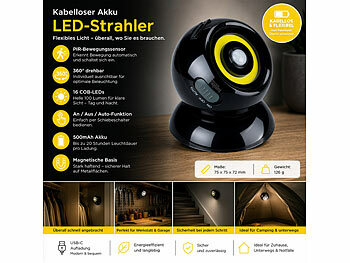 Luminea Kabelloser LED-Strahler: Akku-COB-LED-Strahler, Bewegungssensor, 360° drehbar, 100 lm, schwarz (LED Bewegungsmelder Akku)