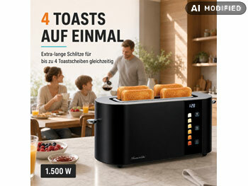 Rosenstein & Söhne Langschlitztoaster: Langschlitz-Toaster für 4 Scheiben, Edelstahl, doppelwandig, 1.500 W (Toaster mit Krümelschublade)