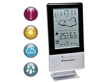 Wetterstation, Funkuhr-Wetterstation Schicke schlanke Wetterstation in schwarz-silbernem Design. Mit integrierter Funkuhr, die die sich mehrfach