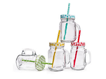 4er Set Trinkglas mit Henkel Trinkbecher Glas Retro Deckel und Trinkhalm 