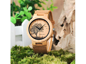 Holzuhr, Bambusuhr, Naturmotiv, Lederarmband Ein Stück Natur fürs Handgelenk: Die leichten Chronographen haben ein Ziffernblatt bestehend aus Bambus