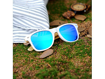 Sonnenbrille, Bambus, Holz Effektiver Sonnenschutz mit modernem Design kombiniert: Die BrillenbÃ¼gel in hellem braun sehen neben dem weissen Rahmen