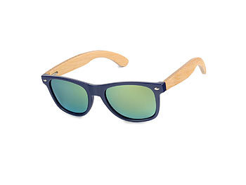 Klassische Sonnenbrille aus Bambus, blauer Rahmen & Spiegelgläser