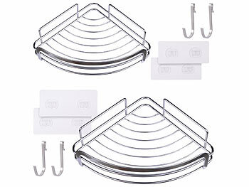 Eck-Badezimmer-Organizer: BadeStern 2er-Set Edelstahl-Duschablagen mit 4 Haken, selbstklebend, rostfrei 
