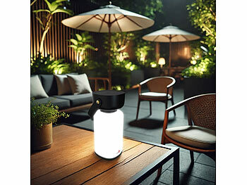 Camping Lampen USB: Lunartec Dimmbare Akku-Gartenlaterne, Kunstleder-Griff, 120 lm, IP44, schwarz