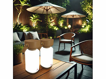 Camping Lampen USB: Lunartec 2er-Set Akku-Gartenlaterne, Kunstleder-Griff, 120 lm, IP44, braun