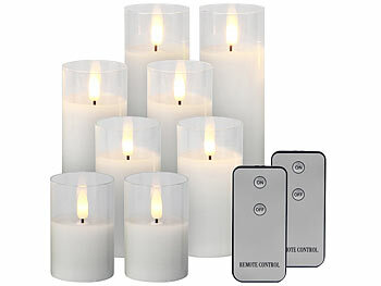 LED Kerzen Wachs: Lunartec 8er-Set LED-Echtwachskerzen im Glas, mit Docht und Fernbedienung, weiß