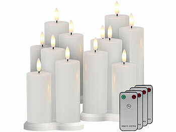 Kerzensets: Lunartec 12 Akku-LED-Stumpenkerzen mit Dochten, Flammen-Effekt und Timer