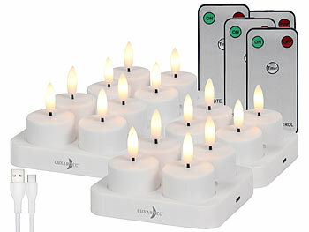 aufladbare Teelichter: Lunartec 16er-Set LED-Akku-Teelichter mit USB-Ladestation, Fernbedienung, Timer 